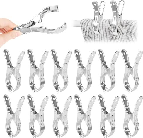 12 Piezas Grandes Pinzas de Acero Inoxidable para Toalla de Playa, Edredón, Ropa, Suéteres, Toallas De Baño y Sábanas - Clips de Metal