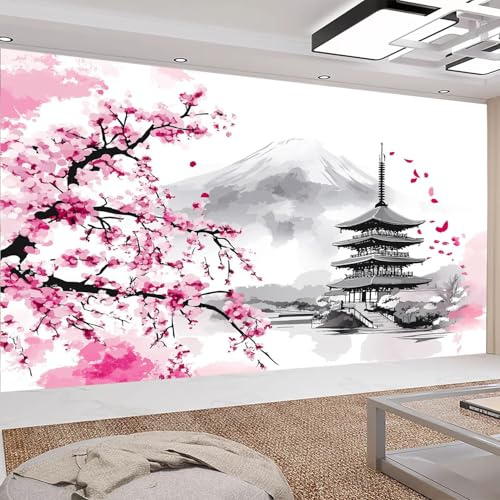 Fototapete Japanische Kirschblüte und Tempel Bar Wall Restaurant Wohnzimmer Fototapete Tapete 300 x 210 cm Japanische Tuschemalerei Tapeten Moderne Hintergrundbild Vlies-Tapete Wandtapete