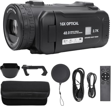 ciciglow Handheld Video Camcorder, 2.7K 48MP 16X Digital Zoom, 64X Hybrid Zoom Vlogging Camera with 4inch Rotation TFT Screen, Compact Travel Video Camera Webcam with Fill Light