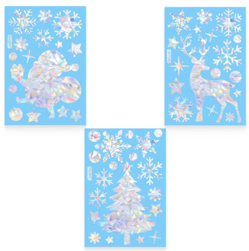 Fensterbilder Weihnachten Selbstklebend, 3 Blatt Weihnachts Prisma Fenster Aufkleber, Vogel Anti Kollisions Fensteraufkleber, für Winter Weihnachts Deko, Glasfronten Türen Schaufenster