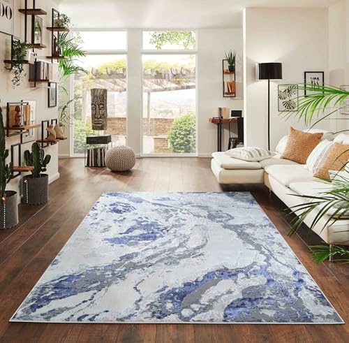 Emperor Metallic Abstract Modern Living Room Area Rug, Navy, 160x230cm