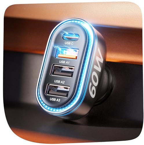 LISEN 60W Zigarettenanzünder USB 4 Ports Auto Ladegerät 12V USB Adapter Auto Schnellladegerät Kfz Ladegerät for iPhone 16/15/14/13/12/11 Pro Max Plus Samsung Galaxy S24 Ultra/S23 Cigarette L