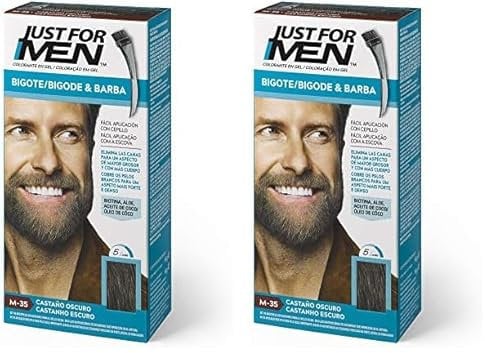 Just for men Tinte Para Bigote Y Barba, Elimina Las Canas Para Una Apariencia Más Espesa Y Completa, Con Pincel Aplicador Incluido, Color Castaño Oscuro, M35 (Paquete de 2)