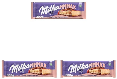Milka MMMAX Tableta Grande de Chocolate con Leche de los Alpes con Relleno de Tarta de Queso con Galleta y Fresa 300g (Paquete de 3)