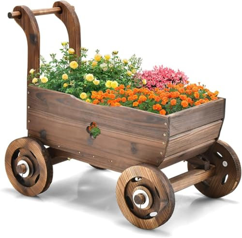 FANTASK Holz Blumenwagen mit Rädern und Griff, Pflanzwagen mit Abflussloch, Rustikaler Pflanzkarre für Garten Terrasse, Pflanztopf Bollerwagen, Schubkarre Gartendeko, Pflanzkasten
