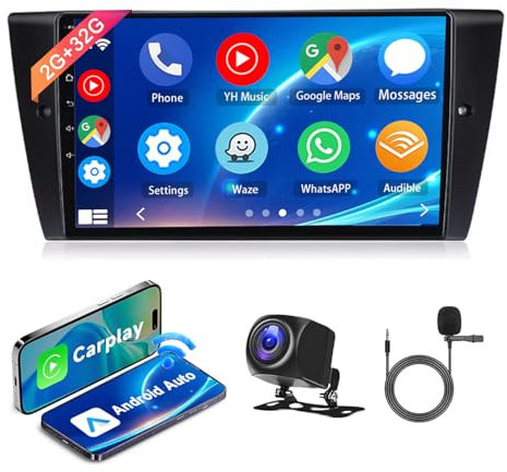 Android 14 Car Stereo Upgrade for BMW E90 E91 E92 E93 2005-2012 with Wireless Carplay Android Auto 9 Inch IPS Touch Screen 2 DIN Car Radio Headunit GPS Sat Navi WiFi HiFi Bluetooth FM RDS Camera Mic