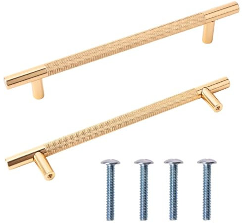 Ohling 2 Pcs Gold Cabinet Handles, 160 mm Hole Centers Aluminium Kitchen Handles Knurled Cabinet Pulls Long Wardrobe Door Handle for Drawer Dresser Cupboard Bathroom