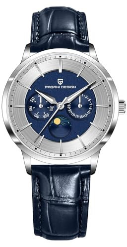 Pagani Design Mode Minimalistisch Quarz Analog 40mm Edelstahl Datum Kalender Wasserdicht Leuchtend Herrenarmbanduhr Leder/Edelstahlarmband(Leder Blau 1)