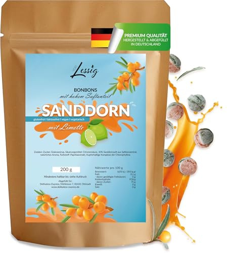 Lessig | Sanddorn Bonbons mit Limette -200g - Fruchtbonbons | Bonbon mit Sandorn Geschmack