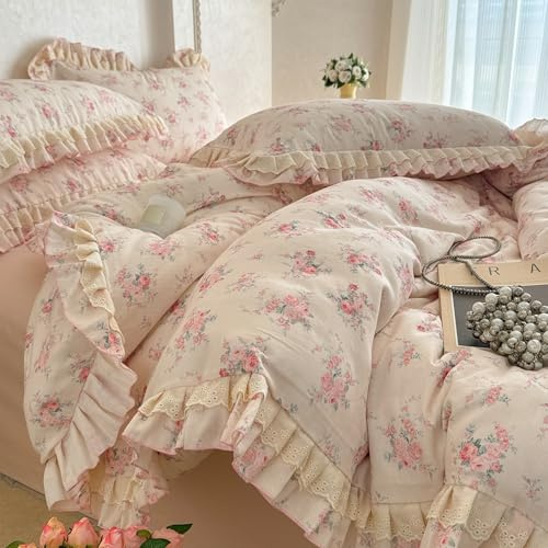 GETIYA Mädchen Damen Rüschen Bettwäsche 200x200 Baumwolle Doppelgarn Bettbezug Blümchen Muster Rosa Blumen Bettwäsche Weiß Baumwollgarn Deckenbezug mit Reißverschluss und 2 Kissenbezug 80x80