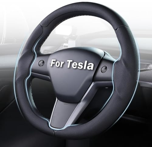 Housse de Volant pour Tesla Model 3 (2017-2023)/Model Y (2020-2024), antidérapante, Prise en Main Confortable, Respirante, personnalisée pour Tesla Model 3/Y, Noir Nappa