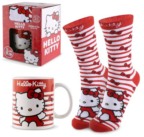 Coriex Hello Kitty Tassen Geschenkset – 350ml Keramik Tasse & Kuschelige Socken – Geschenk für Frauen, Teenager & Mädchen – Offizielles Stitch Fanartikel Set (Rot)