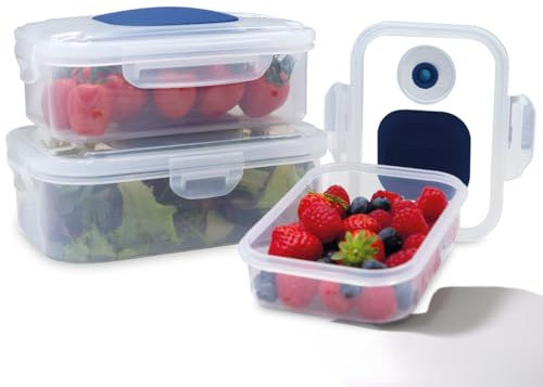 LIVINGTON Push&Vac 3tlg. Vakuum-Frischhaltedosen-Set - Luftdichte Vorratsbehälter - Stapelbar - Auslaufsicher - Essensboxen - Mealpreap