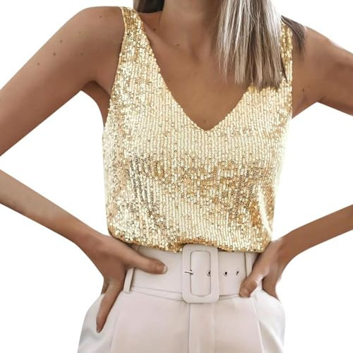 Glitzer Top Damen V-Ausschnitt Elegant Glitzershirt Crop Tops Pailletten Sexy Trägertop Glitzertop Tunika Metallic Oberteile Ärmellos Shirt Festival Tanktop Für Karneval Silvester