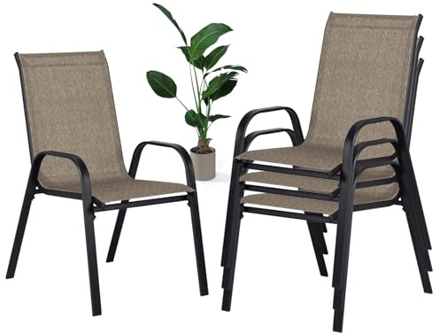 JMGJOY Gartenstühle 4 Stück Stapelstühle Textilene- Stapelbar Pulverbeschichtetes Metall Wetterfest bis 135kg für Balkon Garten Terrasse Veranda (4, Khaki)