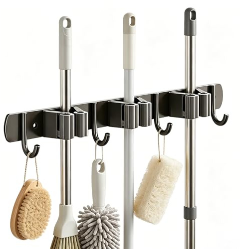 ROEOWENE Besenhalterung Wand Ohne Bohren Edelstahl 3 Besenhalter 4 Haken | Mopp Wandhalterung Besen Und Schaufel Gerätehalter Gartengerätehalter Besen Mop Halter Für