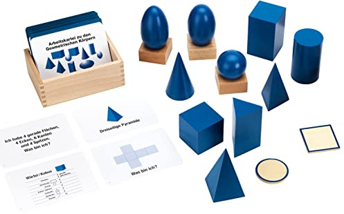 MontessoriPlus® Geometrische Körper, Holz Lernmaterial Mathe & Geometrie | 10 geometrische Formen, 14 Grundflächen, 100 Aufgaben, Montessori Lernset, räumliches Denken fördern