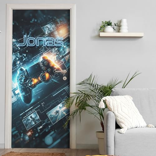 Türtapete selbstklebend | personalisiert mit Namen | 200 x 90 cm Gaming Motiv Controller | Tür Aufkleber Poster Türfolie | Einteilig | Wasserfest 3D Türaufkleber Wandtattoo Türposter Teenager
