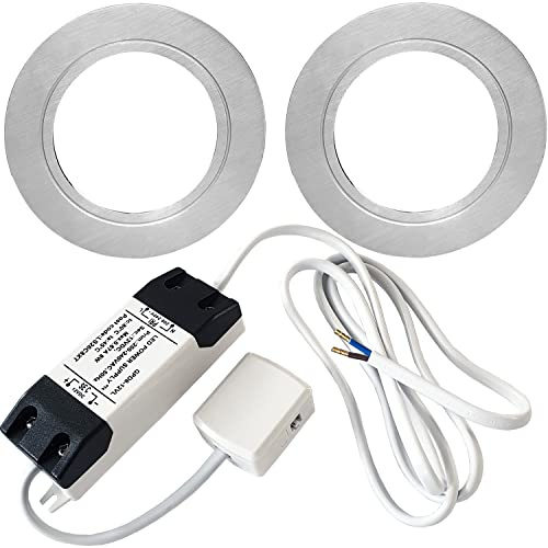 2 Pack | Bright 2.6W LED Under Cabinet Spot Lights & Driver Kit | Chrome & Natural White | Recessed Flush Mounted Fitting | Kitchen Worktop Countertop Cupboard Unit Down Light | Modern Round Lighting