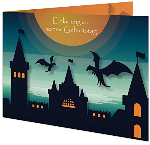 5 Geburtstagskarten zum selber beschriften mit passenden Umschlägen, Motiv: Schloss und Drachen, Einladungskarten für Kinder mit beschreibbaren Feldern, Klappkarten im Set zu 5 Stk.