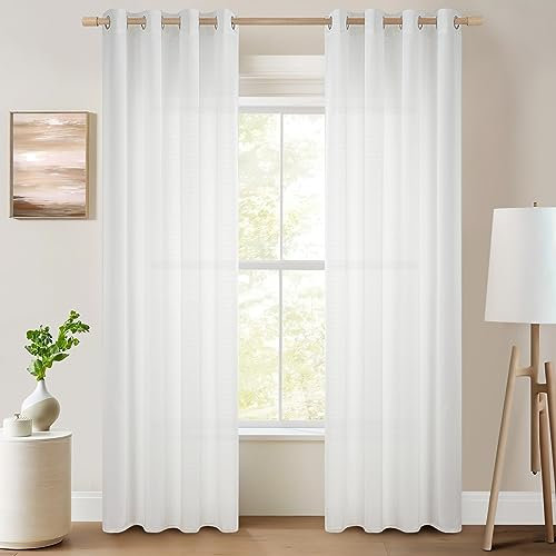 Topfinel Voile Vorhänge mit Ösen Halbtransparent Gardine Leinenstruktur Garn Muster Fensterschal für Zimmer, Büro, 2er Set 240x140 (HxB) Weiß
