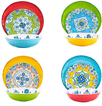 Juego de vajilla de melamina, 12 piezas, duradero, plato colorido, apto para lavavajillas, resistente a roturas, no microware ni horno (multicolor)