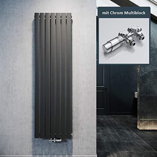 ELEGANTE Termoarredo Design Flat 1800 x 569 mm con Termostato Multiblocco Cromato, Radiatore Piatto Singolo Strato Verticale Attacco Centrale
