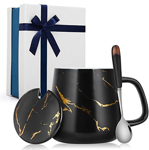 Gifts for Women, Birthday Gifts for Women, Marbled Ceramic Coffee Mug with Lid, Ceramic Coffee Mug and Spoon, Christmas, Valentine's Day, Mother's Day, 12 oz/350 ml