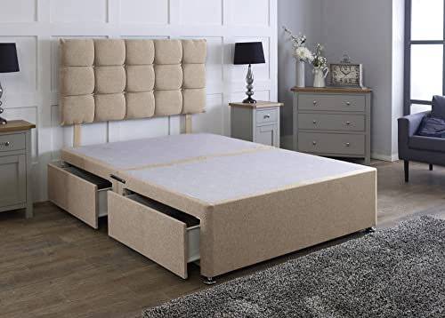 Comfy Deluxe LTD Linen Divan Bed Base With Matching Cube Headboard | Divan Bed Frame | Bed Base | Premium Linen (Beige, 4.0FT Small Double 1 Drawer Foot End)