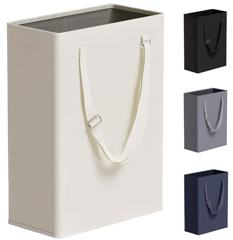 TECHMILLY Schlanker Wäschekorb mit verstellbaren langen Griffen, 45 l, kleine Wäschekörbe mit Netz-Oberseite, schmaler Schmutzwäschekorb für Schlafzimmer, Schrank und Badezimmer – Beige