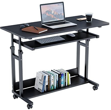 Dripex Table Appoint Roulette 80x45cm, Table Bureau d'Ordinateur Mobile Reglable Hauteur de 69 à 90cm avec roulettes, 2 Etagères de Rangement, Ideal pour Bureau Lit Canapé-Noir