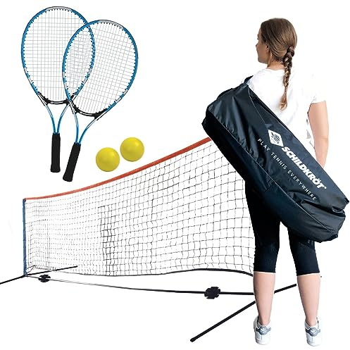 Schildkröt Backpack Tennis Set, Hobby-Tennisset mit freistehendem Netz, 2 Schläger, 2 Bälle (Ø 7mm), Netzabmessung 300 x 75cm, 6 Kunststoffkegel, in Umhängetasche, 970986