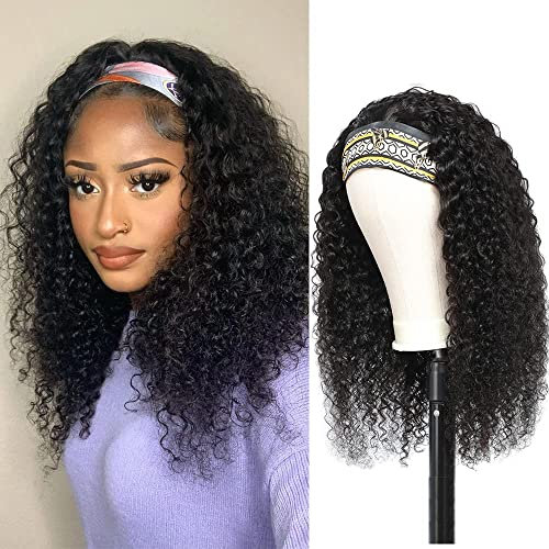 Peluca de Diadema de Cabello Humano Ondulado Profundo - Sin Pegamento, Sin Encaje Frontal para Mujeres Negras - Cabello Virgen Brasileño, Color Natural, 150% Densidad (18 Pulgadas)