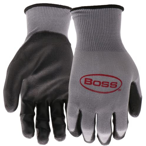 Boss Men's Grip 10-Pack Polyurethane (PU) Coated Work Gloves, Water and Chemical Resistant, Abrasion Resistant, Superior Grip, Spandex Backing, Black/Gray, Large, (B33131-L10P)