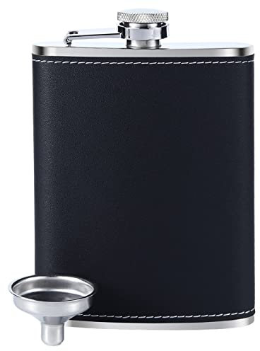 8OZ Edelstahl Flachmann, Taschenflasche aus Edelstahl mit Kunstleder Hülle, kleiner Flachmann für Unterwegs Männer Jäger Wandern Jagd Herrentag Geburtstag Vatertag, Schwarz