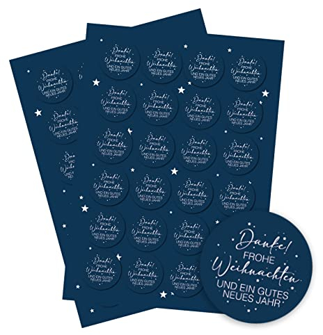 Weihnachtssticker Frohe Weihnachten, 48 Stück: Aufkleber Klein, Weihnachtsaufkleber Selbstklebend, Kleine Sticker Silvester Rund, Weihnachtliche Etiketten Geschenke, Geschenkaufkleber Blau, Ø 4 cm