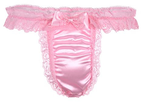 Satini Satin Dentelle froufroutante efféminé String Tanga Caleçons Slips Culottes sous-vêtements (Rose Clair - Rose Clair, XXL)