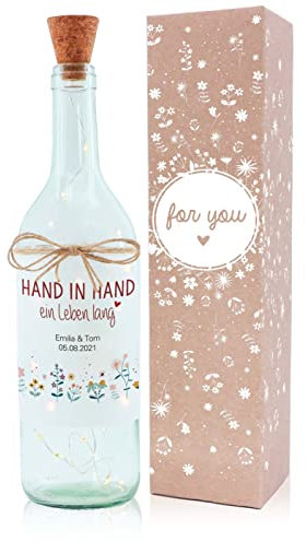 OWLBOOK Hand in Hand ein Leben lang - Blumenwiese Flaschenlicht Geschenke für Hochzeitspaar Brautpaar Paare zur Hochzeit Trauung Hochzeitsgeschenk