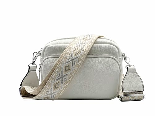 stylx Crossbody Bag Damen Leder Breiter Gurt Handtasche Umhängetasche Moderne Taschen mit breitem Schultergurt,Abnehmbarer Schultergurt,Schwarz. (weiß)