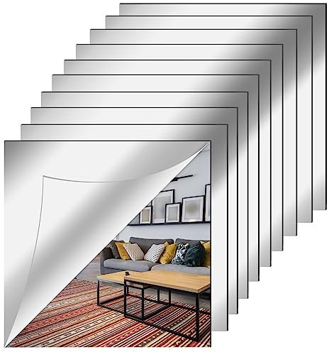 Relota 10 Pièces Miroir Mural Autocollant 20 X 20 cm, Antidéflagrant Carrés Flexible Miroir Acrylique Adhésif, Plastique Bricolage Décoration Murale sans Cadre pour Salle de Bain, Salon, Chambre