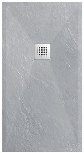 BALNEO Plato de Ducha con Tapa de Plato de Ducha, de Compuesto de Resina Sintética, Estructura Antideslizante y Antibacteriana, con Faldón Bajo, Plato de Piedra Gris Claro F 90x100x2,5cm