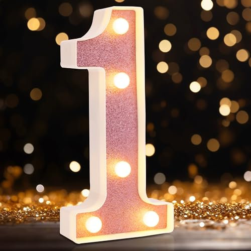 LED Marquee Numbers, Small Light Up Numbers for Party, 8.58 Inch Battery Powered Lighted Number for Birthday, Night Light, Table or Home Decor (Pink Glitter, Number 1)