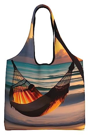 Bolsa de lona para mujer, respetuosa con el medio ambiente, reutilizable, para viajes diarios, compras, artículos de almacenamiento., Hamaca de playa Sunset, Talla única