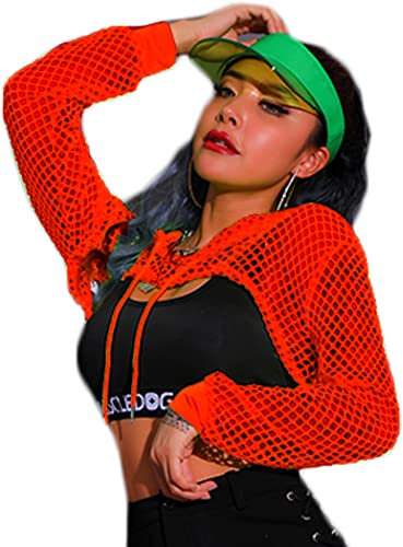 Avidlove Women's Crop Tops Long Sleeve T Shirt Fishnet Hoodies Party Outfit Rave Clothing Mesh Ladies Short Sweatshirt with Drawstring Neon UK Red L