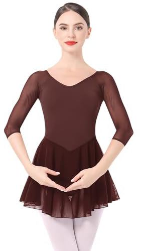 Odizli Ballettkleidung Damen 3/4 Ärmel U Rücken Ballett Trikot Body Bodysuit Tanzbody Tanztrikot Turnanzug Ballerina Gymnastikanzug Chiffon Tütü Ballettrock Ballettkleid Braun M