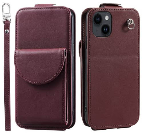 Unichthy For iPhone 13 Mini Case with Strap 3 Card Slots Wallet Pocket Case Shockproof PU Leather Pocket Vertical Flip Down Stand Cover Lightweight Magnetic Purse for iPhone 13 Mini Claret