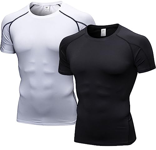 LANBAOSI Lot de 2 t-shirts de compression pour homme - Manches courtes - Respirant - Pour la course, l'entraînement, le jogging, le fitness, la gym, noir/blanc, L