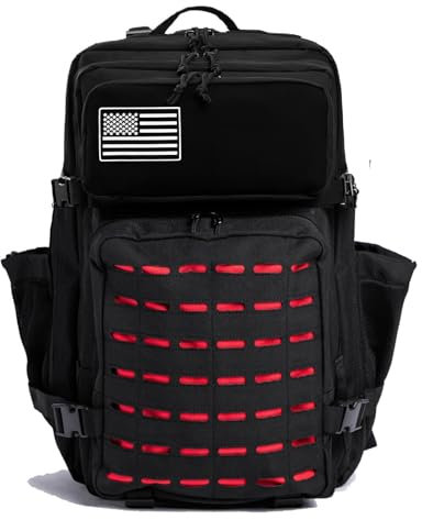 Thuram Sac à dos tactique militaire imperméable et durable pour randonnée, camping, pêche, gym, sac à dos avec porte-bouteille 50 l, rouge/noir, 50L