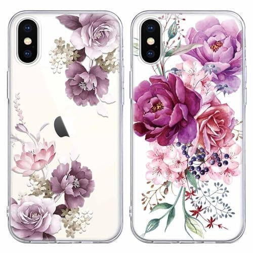 Yoedge 2 Pack Transparent Phone Case Compatible with iPhone X/XS 5.8, Ultrathin Soft Silicone with Aesthetics Pattern, Shockproof Bumper Protector Matte Cover for iPhone X,Purple Flower