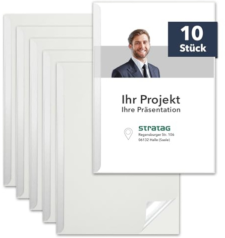 STRATAG Klemmmappen Klemmschienen-Set mit transparentem Deckel aus PP Kunststoff sowie Binderücken aus stabilem 350 g/m² Karton (Perlweiß, 10 Stück)